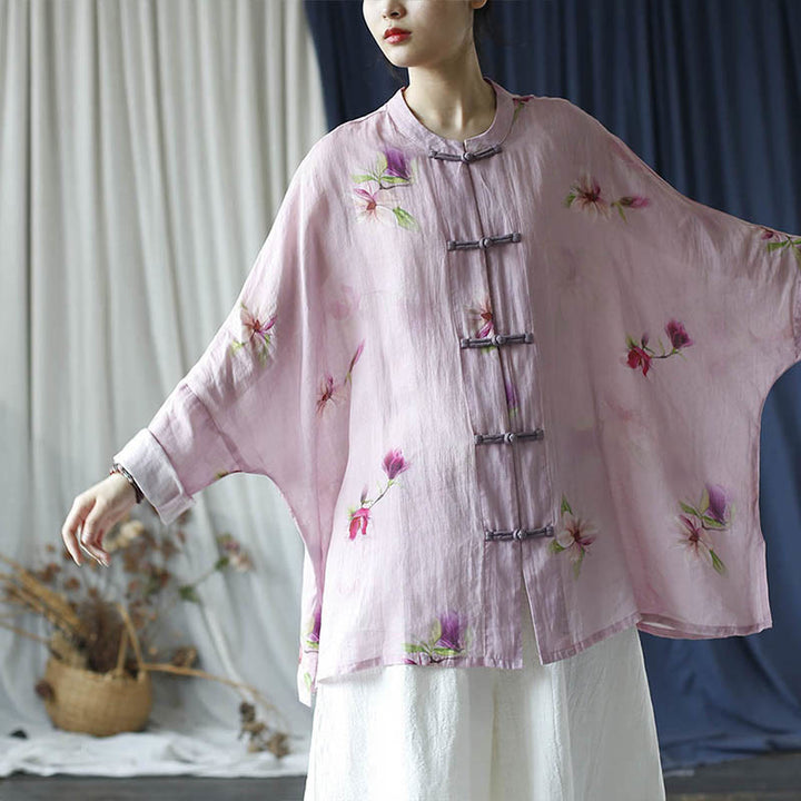 Chemise à manches longues en lin ramie avec imprimé fleur rose Buddha Stones et boutons de grenouille - image 22