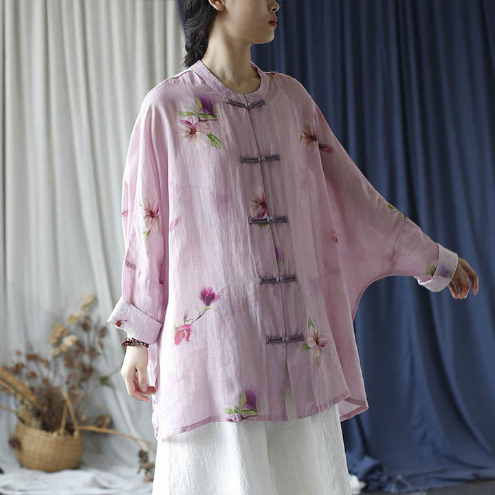 Chemise à manches longues en lin ramie avec imprimé fleur rose Buddha Stones et boutons de grenouille - image 35