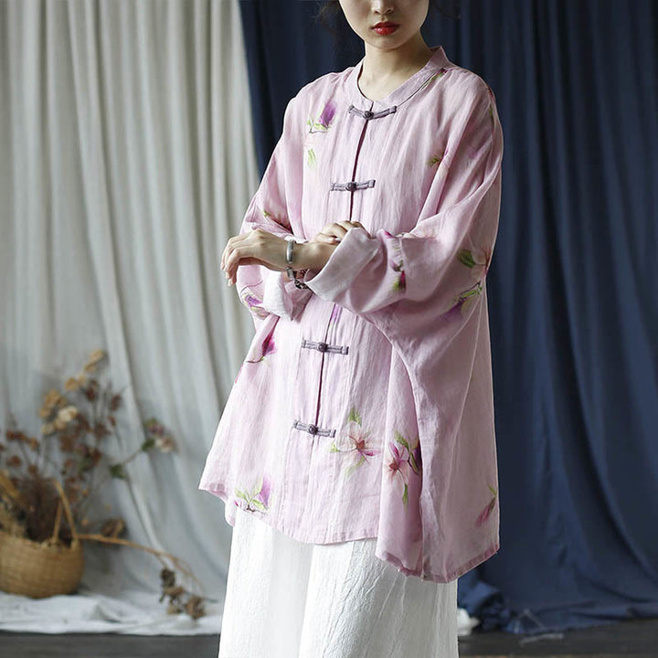 Chemise à manches longues en lin ramie avec imprimé fleur rose Buddha Stones et boutons de grenouille - image 37