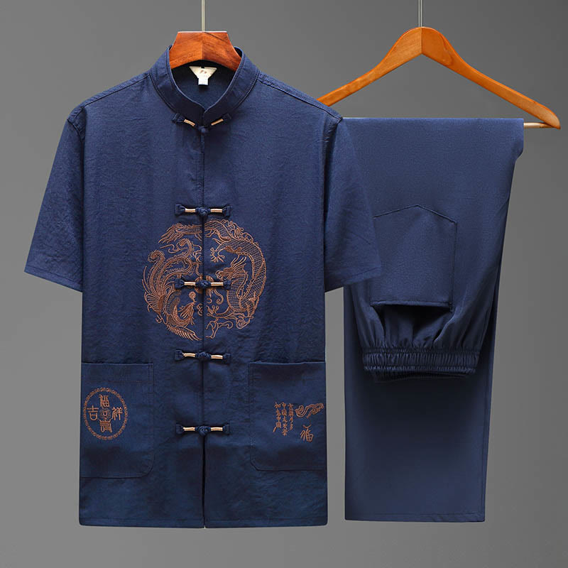 Buddha Stones Dragon Fu Caractère Tang Costume Traditionnel Chemise À Manches Courtes Pantalon À Jambes Larges Vêtements Ensemble Pour Hommes - Bleu (haut et pantalon) - US/UK/AU44，EU54 (4XL) - image 0