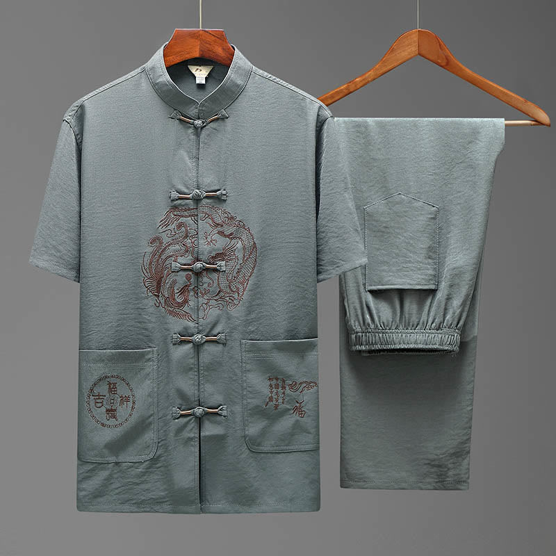 Buddha Stones Dragon Fu Caractère Tang Costume Traditionnel Chemise À Manches Courtes Pantalon À Jambes Larges Vêtements Ensemble Pour Hommes - Gris (Haut et pantalon) - US/UK/AU44，EU54 (4XL) - image 2