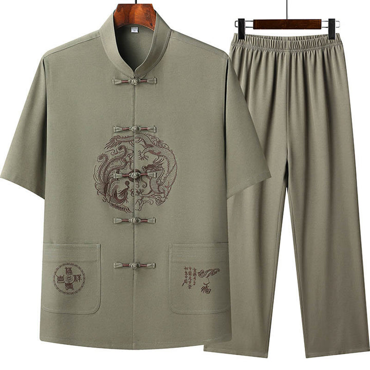 Buddha Stones Dragon Fu Caractère Tang Costume Traditionnel Chemise À Manches Courtes Pantalon À Jambes Larges Vêtements Ensemble Pour Hommes - Vert (Haut et pantalon) - US/UK/AU44，EU54 (4XL) - image 17