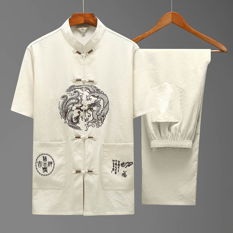 Buddha Stones Dragon Fu Caractère Tang Costume Traditionnel Chemise À Manches Courtes Pantalon À Jambes Larges Vêtements Ensemble Pour Hommes - Beige (haut et pantalon) - US/UK/AU44，EU54 (4XL) - image 1