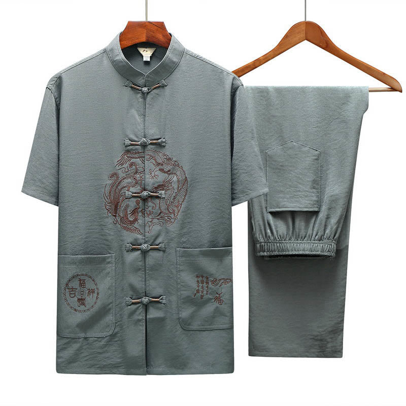 Buddha Stones Dragon Fu Caractère Tang Costume Traditionnel Chemise À Manches Courtes Pantalon À Jambes Larges Vêtements Ensemble Pour Hommes - image 15