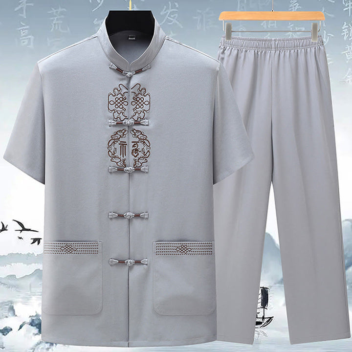 Ensemble de vêtements pour hommes avec haut à manches courtes et pantalon brodés avec personnages de Buddha Stones Fu - Gris clair (haut et pantalon) - US/UK/AU42，EU52 (3XL) - image 3