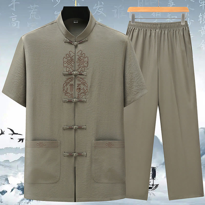 Ensemble de vêtements pour hommes avec haut à manches courtes et pantalon brodés avec personnages de Buddha Stones Fu - Vert clair (haut et pantalon) - US/UK/AU42，EU52 (3XL) - image 2