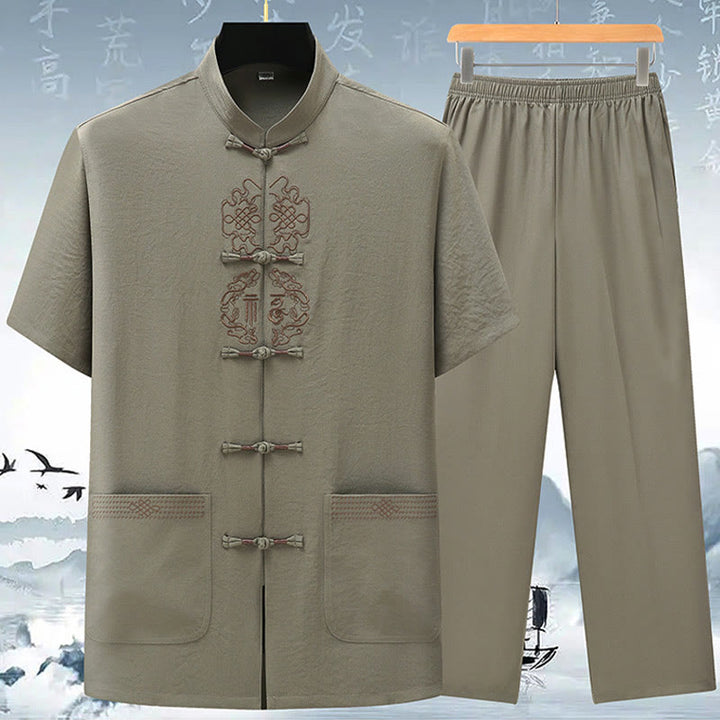 Ensemble de vêtements pour hommes avec haut à manches courtes et pantalon brodés avec personnages de Buddha Stones Fu - Vert clair (haut et pantalon) - US/UK/AU42，EU52 (3XL) - image 2