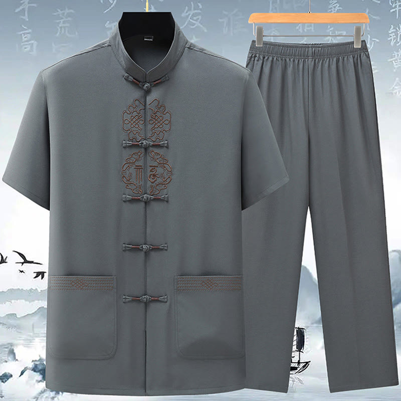 Ensemble de vêtements pour hommes avec haut à manches courtes et pantalon brodés avec personnages de Buddha Stones Fu - Gris (haut et pantalon) - US/UK/AU42，EU52 (3XL) - image 5