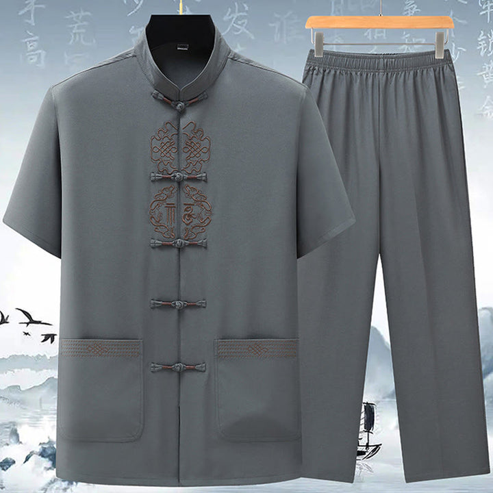 Ensemble de vêtements pour hommes avec haut à manches courtes et pantalon brodés avec personnages de Buddha Stones Fu - Gris (haut et pantalon) - US/UK/AU42，EU52 (3XL) - image 5
