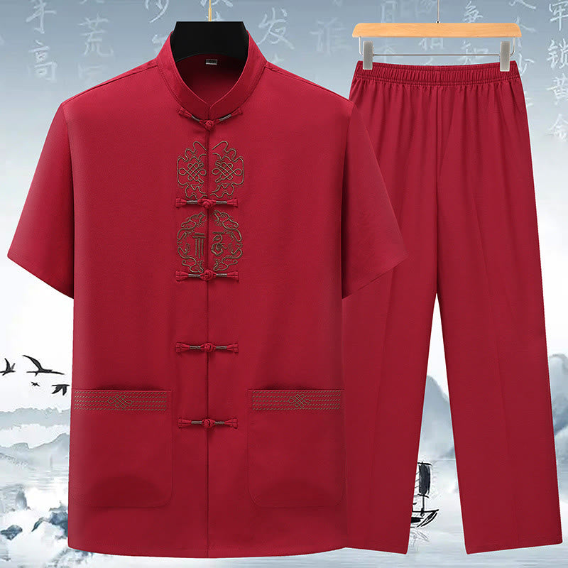 Ensemble de vêtements pour hommes avec haut à manches courtes et pantalon brodés avec personnages de Buddha Stones Fu - Rouge (haut et pantalon) - US/UK/AU42，EU52 (3XL) - image 1