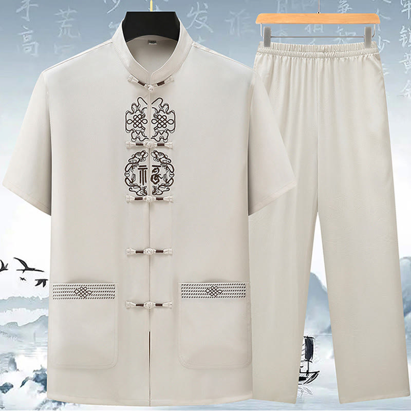 Ensemble de vêtements pour hommes avec haut à manches courtes et pantalon brodés avec personnages de Buddha Stones Fu - Beige (Haut et pantalon) - US/UK/AU42，EU52 (3XL) - image 0