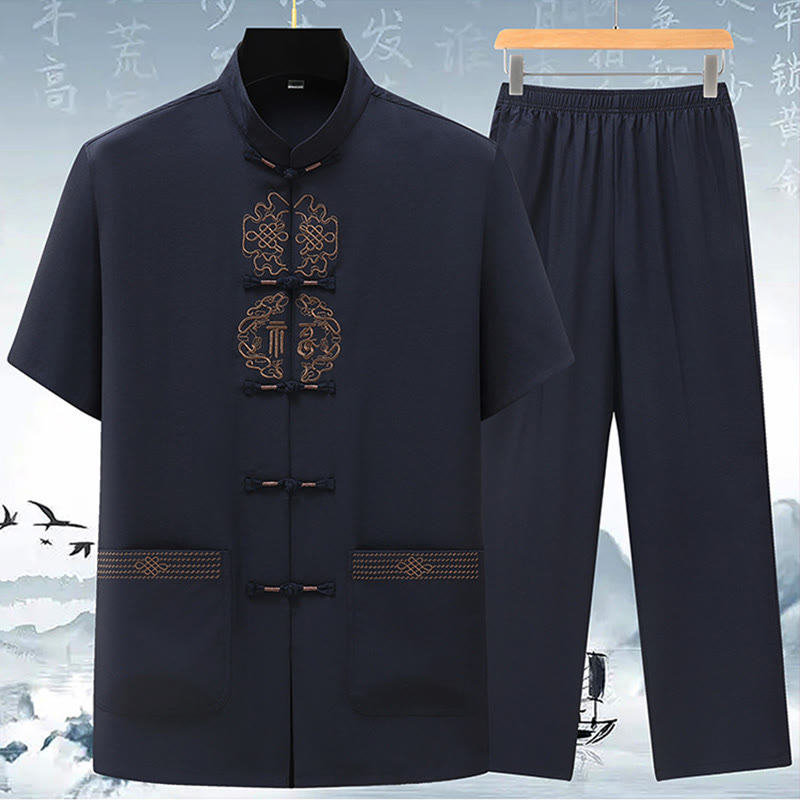 Ensemble de vêtements pour hommes avec haut à manches courtes et pantalon brodés avec personnages de Buddha Stones Fu - Bleu foncé (haut et pantalon) - US/UK/AU42，EU52 (3XL) - image 6