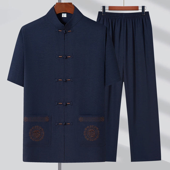 Costume Tang brodé de personnages de Buddha Stones Fu, haut à manches courtes et pantalon à boutons de grenouille traditionnels, ensemble pour hommes - Bleu foncé (Haut et pantalon) - 4XL(Convient aux tailles US/UK/AU 44 ; EU 54) - image 1