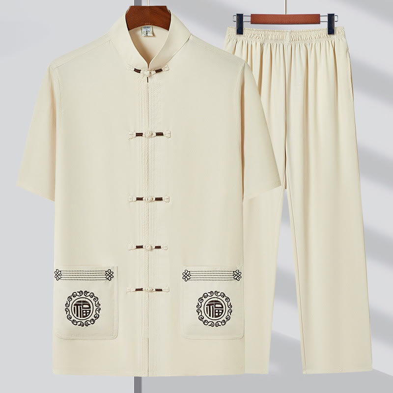 Costume Tang brodé de personnages de Buddha Stones Fu, haut à manches courtes et pantalon à boutons de grenouille traditionnels, ensemble pour hommes - Beige (Haut et pantalon) - 4XL(Convient aux tailles US/UK/AU 44 ; EU 54) - image 2