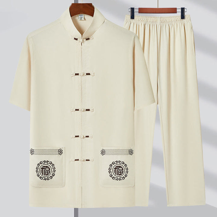 Costume Tang brodé de personnages de Buddha Stones Fu, haut à manches courtes et pantalon à boutons de grenouille traditionnels, ensemble pour hommes - Beige (Haut et pantalon) - 4XL(Convient aux tailles US/UK/AU 44 ; EU 54) - image 2