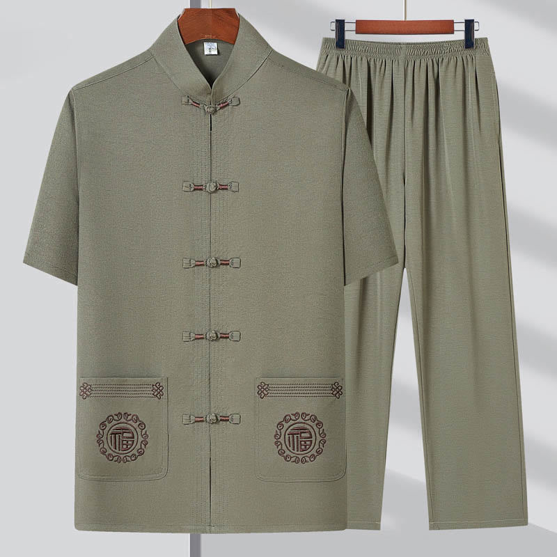 Costume Tang brodé de personnages de Buddha Stones Fu, haut à manches courtes et pantalon à boutons de grenouille traditionnels, ensemble pour hommes - Vert clair (haut et pantalon) - 4XL(Convient aux tailles US/UK/AU 44 ; EU 54) - image 0