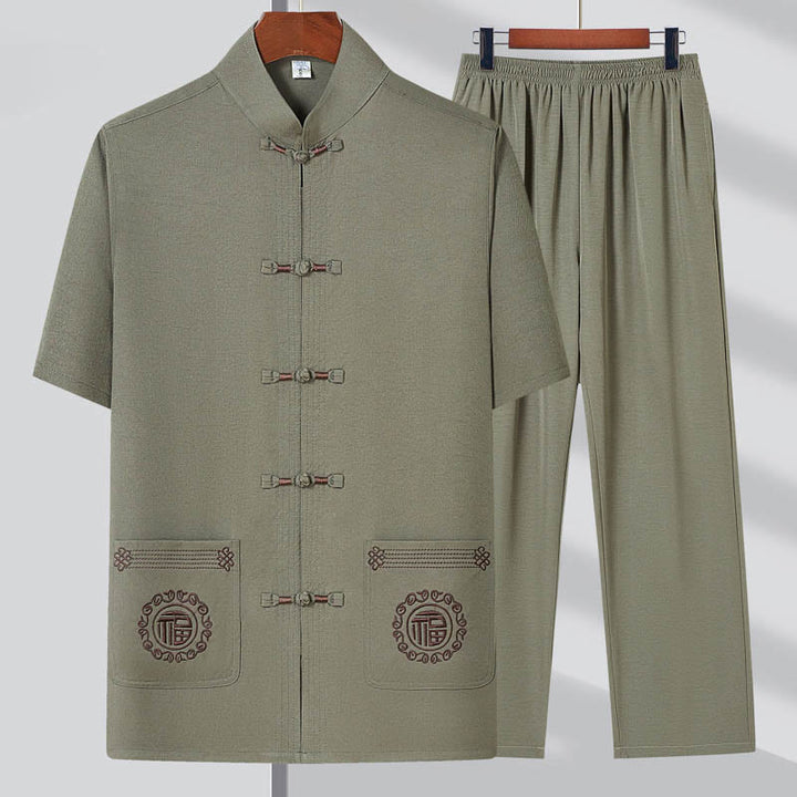 Costume Tang brodé de personnages de Buddha Stones Fu, haut à manches courtes et pantalon à boutons de grenouille traditionnels, ensemble pour hommes - Vert clair (haut et pantalon) - 4XL(Convient aux tailles US/UK/AU 44 ; EU 54) - image 0