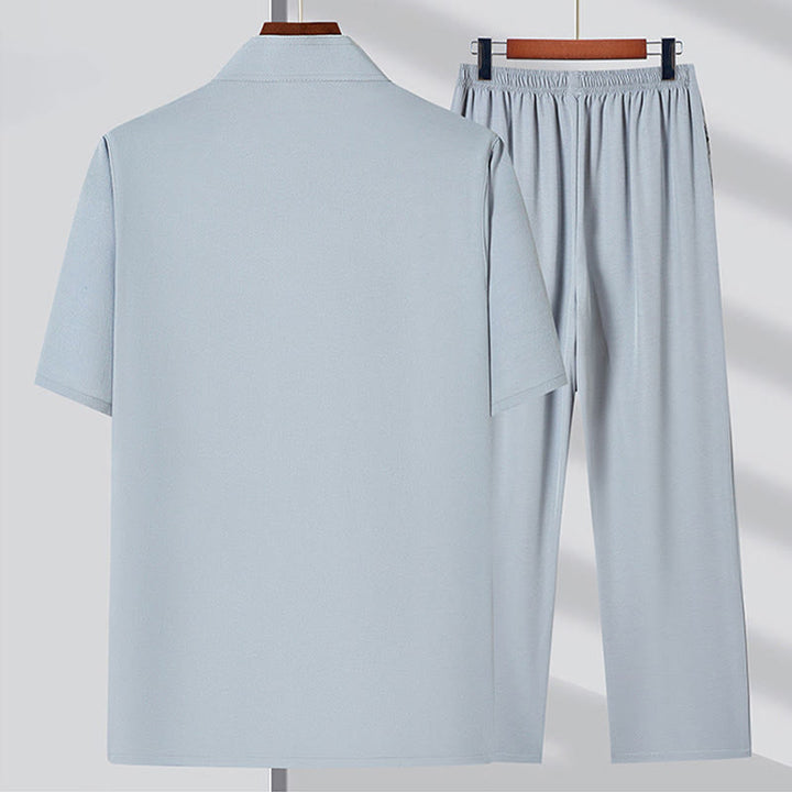 Costume Tang brodé de personnages de Buddha Stones Fu, haut à manches courtes et pantalon à boutons de grenouille traditionnels, ensemble pour hommes - image 6