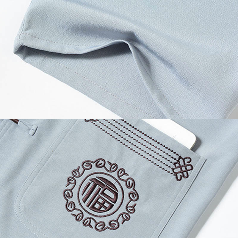 Costume Tang brodé de personnages de Buddha Stones Fu, haut à manches courtes et pantalon à boutons de grenouille traditionnels, ensemble pour hommes - image 8