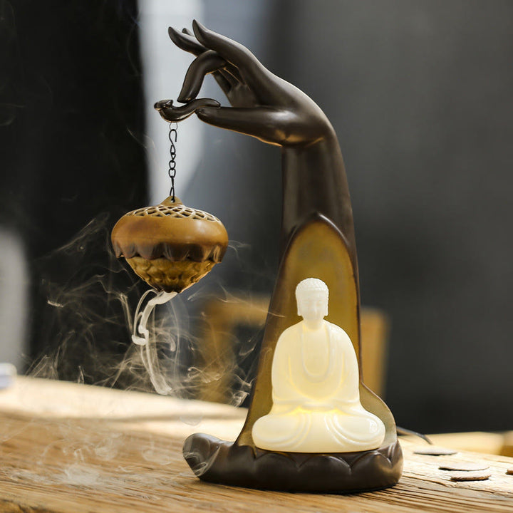 Buddha Stones LED Bouddha Main Fontaine à fumée à refoulement Guérison Brûleur d'encens en céramique Décoration