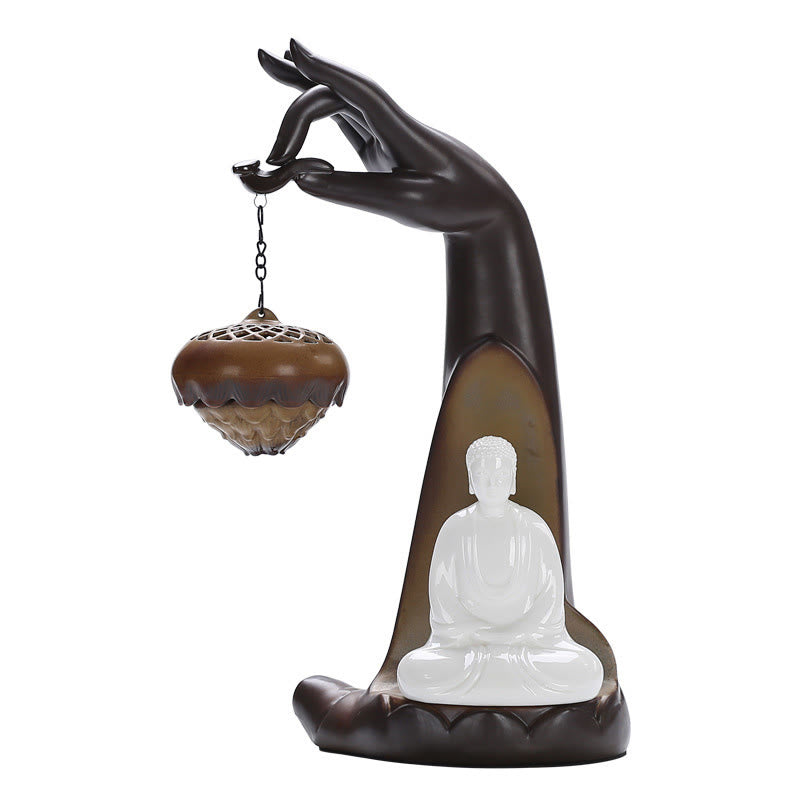 Buddha Stones LED Bouddha Main Fontaine à fumée à refoulement Guérison Brûleur d'encens en céramique Décoration