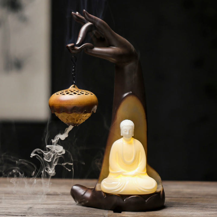 Buddha Stones LED Bouddha Main Fontaine à fumée à refoulement Guérison Brûleur d'encens en céramique Décoration