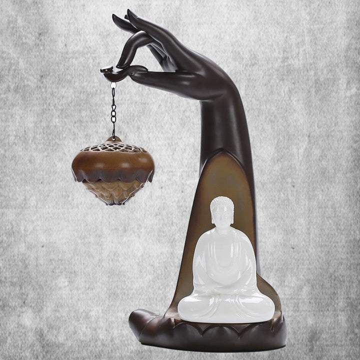 Buddha Stones LED Bouddha Main Fontaine à fumée à refoulement Guérison Brûleur d'encens en céramique Décoration