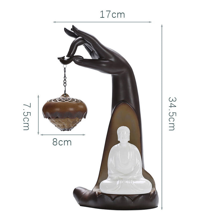 Buddha Stones LED Bouddha Main Fontaine à fumée à refoulement Guérison Brûleur d'encens en céramique Décoration