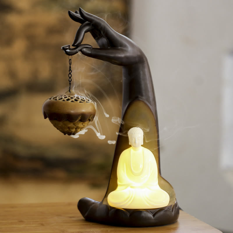 Buddha Stones LED Bouddha Main Fontaine à fumée à refoulement Guérison Brûleur d'encens en céramique Décoration