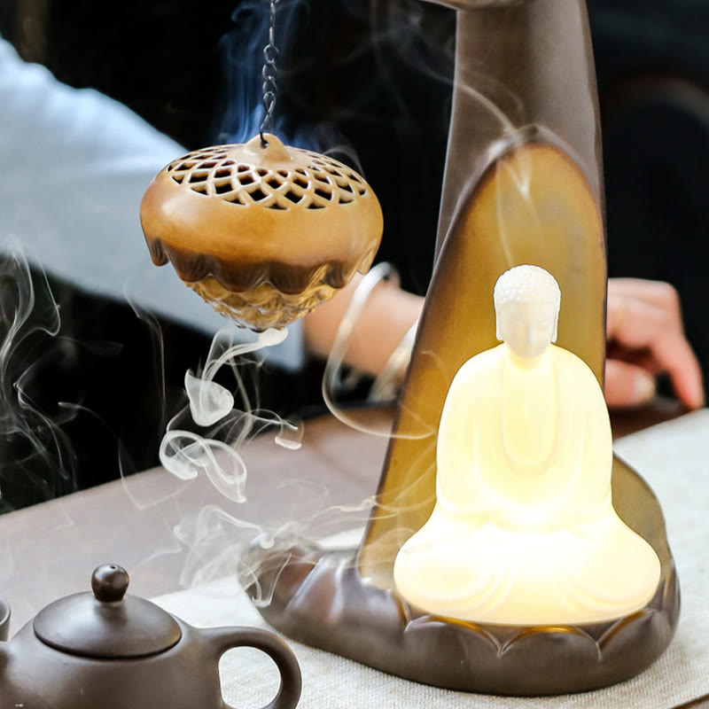Buddha Stones LED Bouddha Main Fontaine à fumée à refoulement Guérison Brûleur d'encens en céramique Décoration