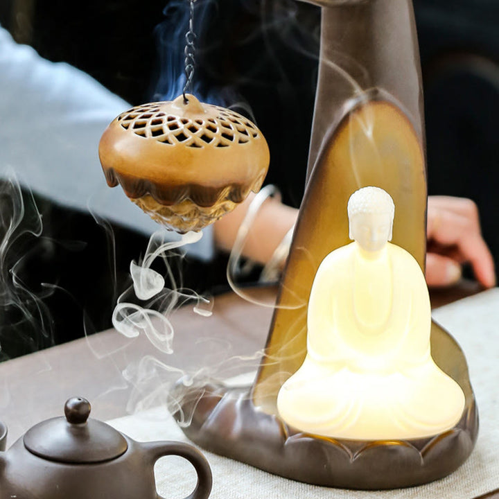 Buddha Stones LED Bouddha Main Fontaine à fumée à refoulement Guérison Brûleur d'encens en céramique Décoration