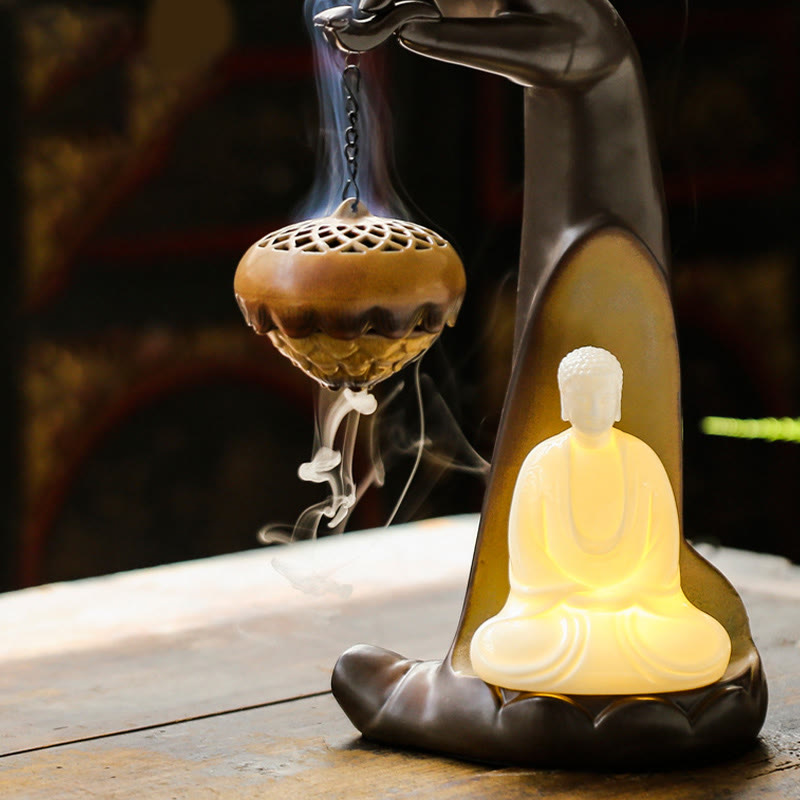 Buddha Stones LED Bouddha Main Fontaine à fumée à refoulement Guérison Brûleur d'encens en céramique Décoration
