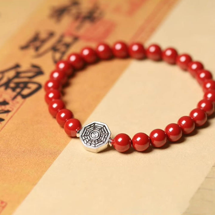 Bracelet de concentration en argent sterling 925 avec symbole Yin Yang Bagua et fil de cinabre de Buddha Stones