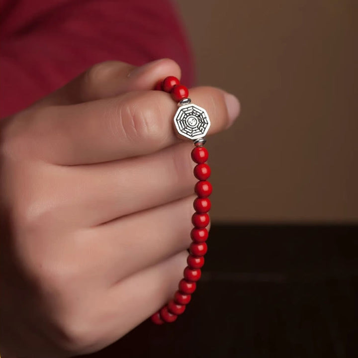 Bracelet de concentration en argent sterling 925 avec symbole Yin Yang Bagua et fil de cinabre de Buddha Stones