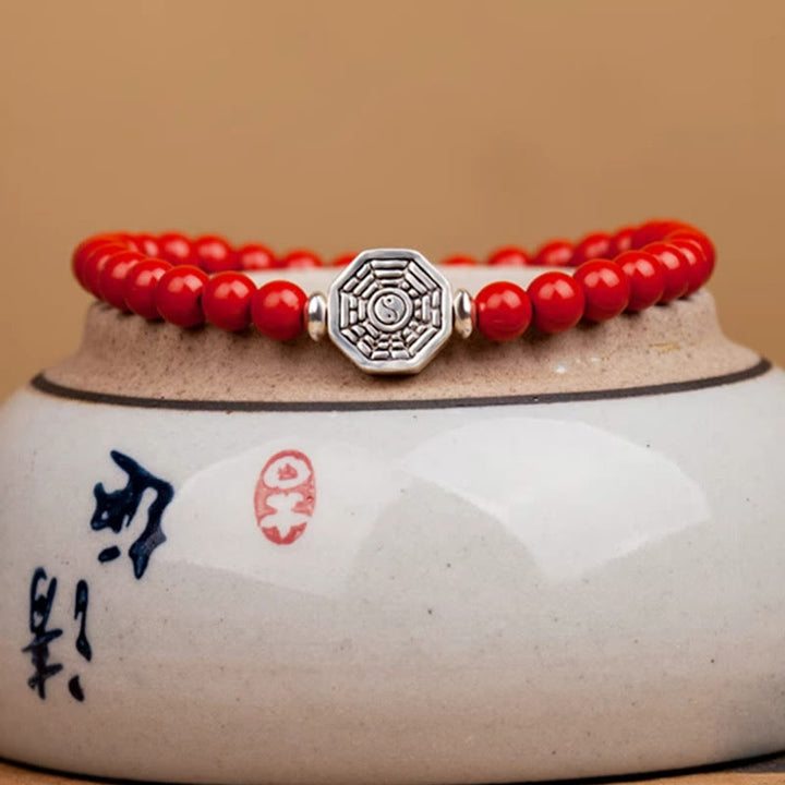 Bracelet de concentration en argent sterling 925 avec symbole Yin Yang Bagua et fil de cinabre de Buddha Stones