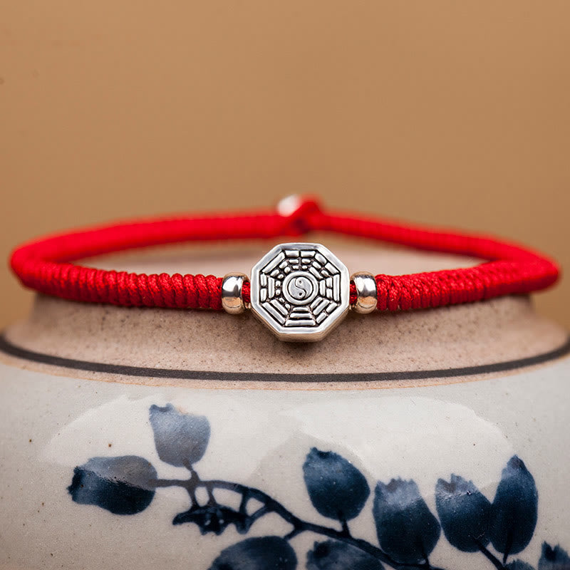 Bracelet de concentration en argent sterling 925 avec symbole Yin Yang Bagua et fil de cinabre de Buddha Stones - image 0