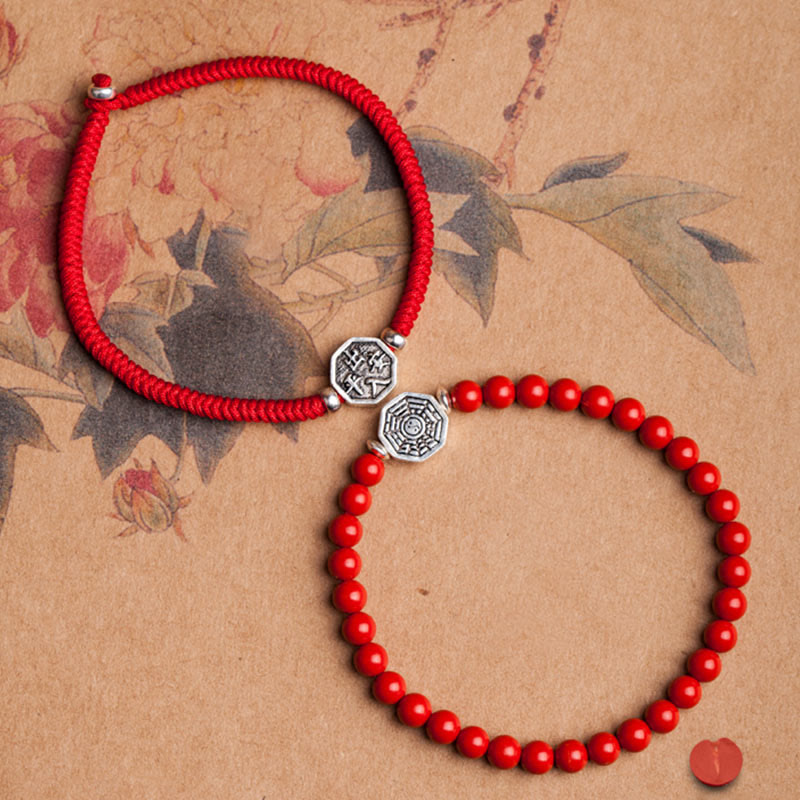 Bracelet de concentration en argent sterling 925 avec symbole Yin Yang Bagua et fil de cinabre de Buddha Stones