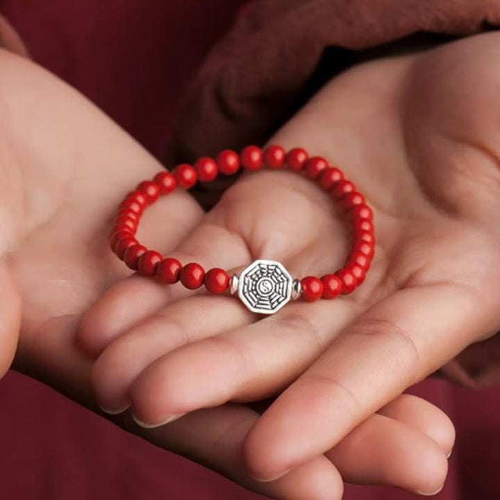 Bracelet de concentration en argent sterling 925 avec symbole Yin Yang Bagua et fil de cinabre de Buddha Stones
