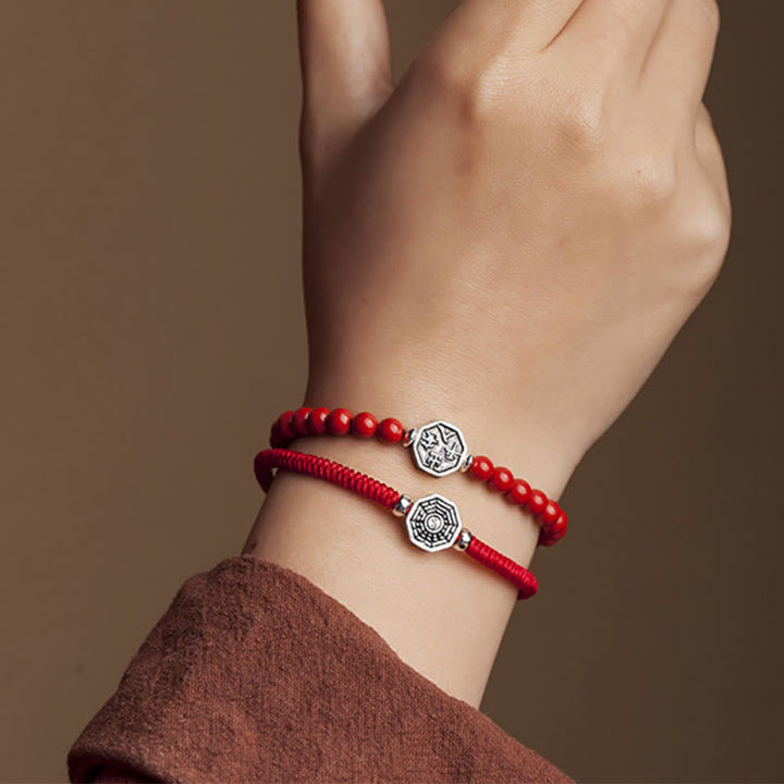 Bracelet de concentration en argent sterling 925 avec symbole Yin Yang Bagua et fil de cinabre de Buddha Stones