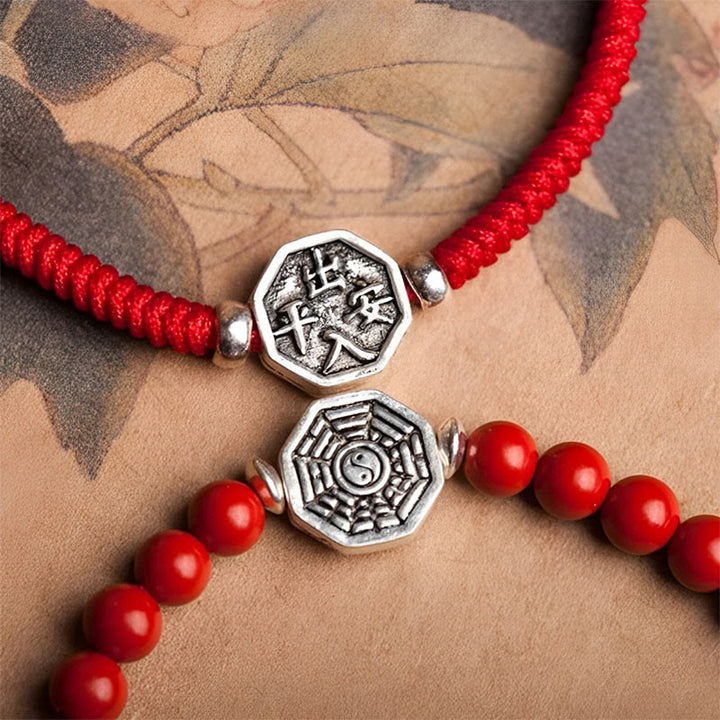 Bracelet de concentration en argent sterling 925 avec symbole Yin Yang Bagua et fil de cinabre de Buddha Stones