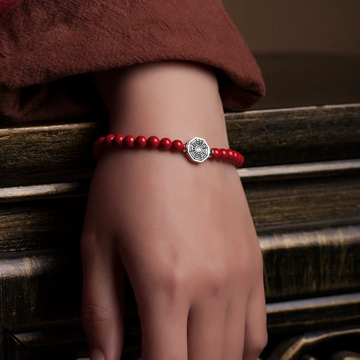Bracelet de concentration en argent sterling 925 avec symbole Yin Yang Bagua et fil de cinabre de Buddha Stones