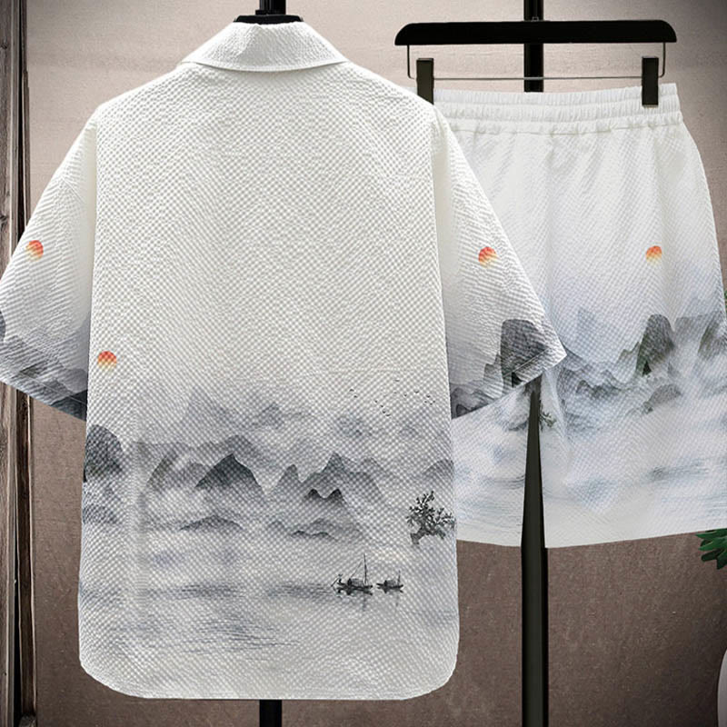 Ensemble short à manches courtes pour homme avec motif de Buddha Stones et de cocotiers - image 1