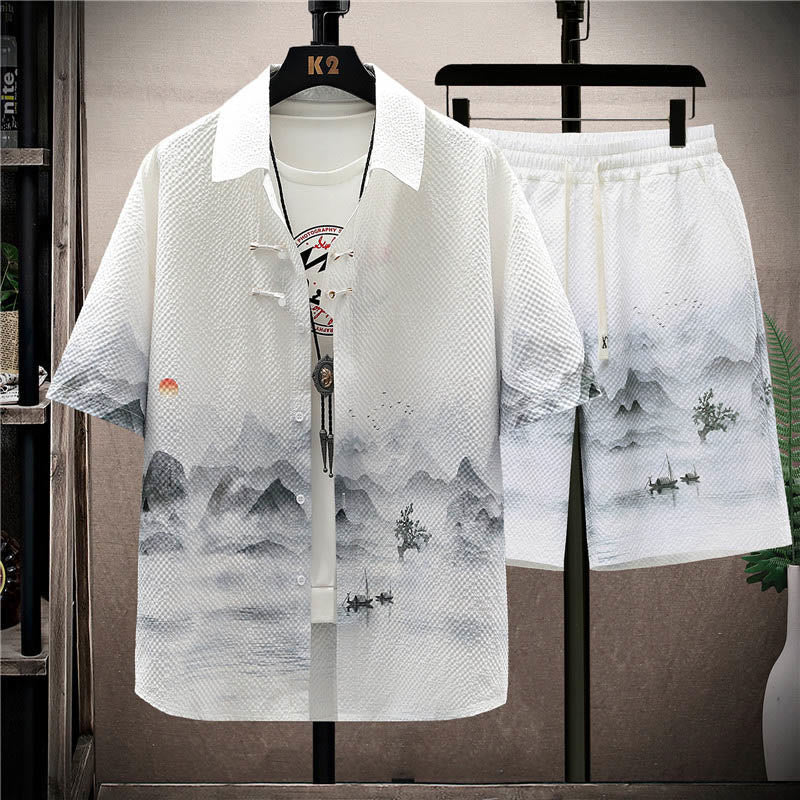 Ensemble short à manches courtes pour homme avec motif de Buddha Stones et de cocotiers - image 4