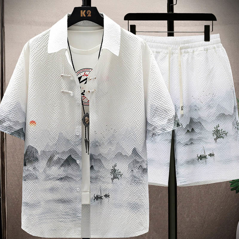Ensemble short à manches courtes pour homme avec motif de Buddha Stones et de cocotiers - Paysage (chemise et short) - US/UK/AU44，EU54 (4XL) - image 0