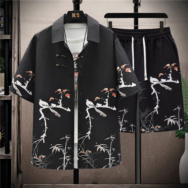 Ensemble short à manches courtes pour homme avec motif de Buddha Stones et de cocotiers - Pie noire (chemise et short) - US/UK/AU44，EU54 (4XL) - image 9