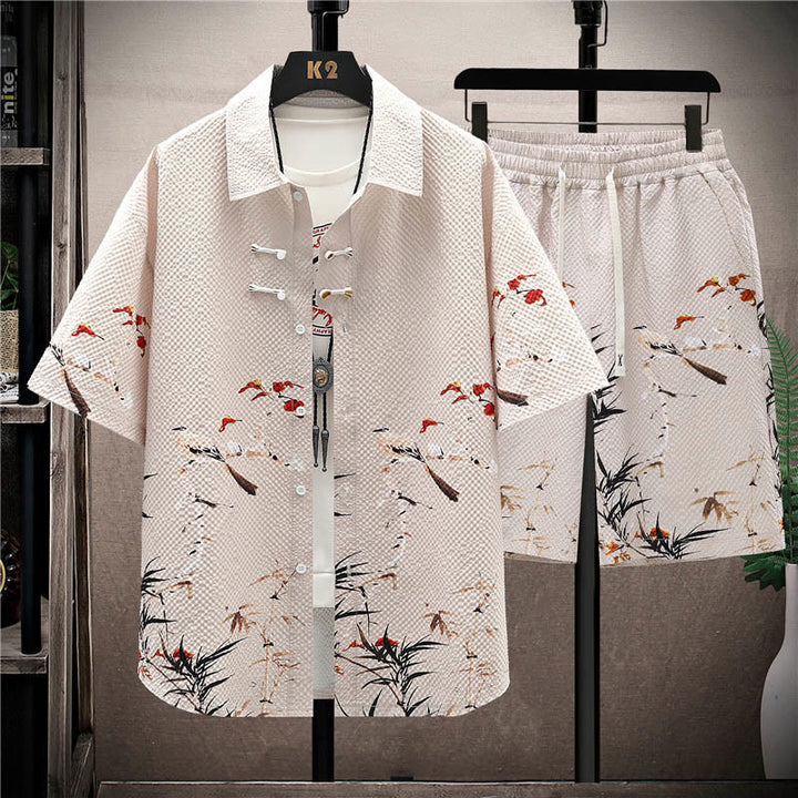 Ensemble short à manches courtes pour homme avec motif de Buddha Stones et de cocotiers - Pie beige (chemise et short) - US/UK/AU44，EU54 (4XL) - image 13