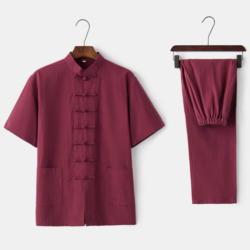 Ensemble pour homme Buddha Stones, couleur unie, costume Tang à boutons grenouille, traditionnel en coton et lin, haut à manches courtes et pantalon. - Rouge (Haut et pantalon) - US/UK/AU44，EU54 (4XL)  - image 9