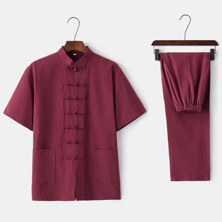 Ensemble pour homme Buddha Stones, couleur unie, costume Tang à boutons grenouille, traditionnel en coton et lin, haut à manches courtes et pantalon. - Rouge (Haut et pantalon) - US/UK/AU44，EU54 (4XL)  - image 9