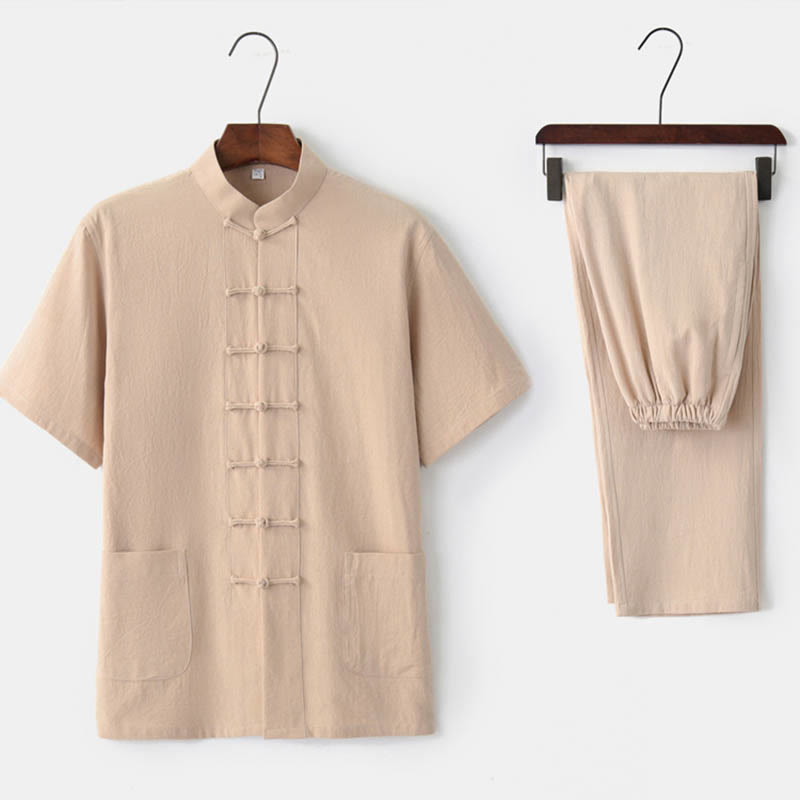 Ensemble Tang traditionnel en coton et lin avec haut à manches courtes et pantalon pour homme, couleur unie, avec boutons en forme de Buddha Stones - Beige (Haut et pantalon) - US/UK/AU44，EU54 (4XL)  - image 8