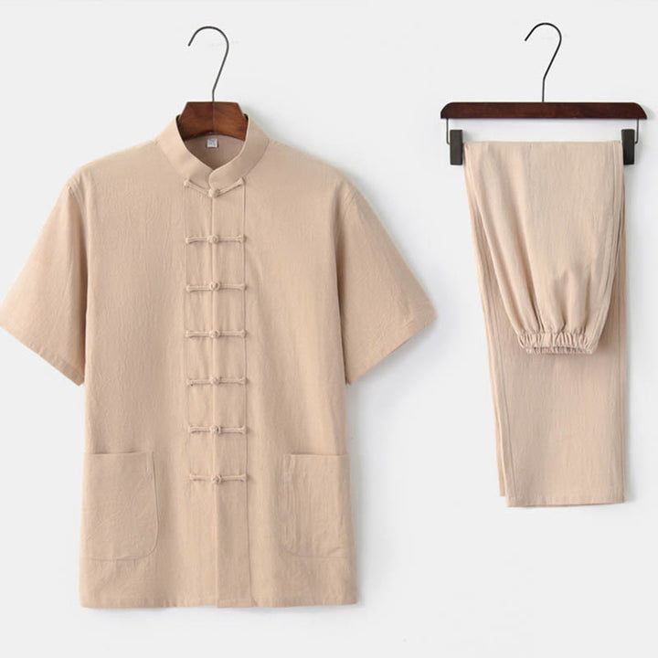 Ensemble Tang traditionnel en coton et lin avec haut à manches courtes et pantalon pour homme, couleur unie, avec boutons en forme de Buddha Stones - Beige (Haut et pantalon) - US/UK/AU44，EU54 (4XL)  - image 8
